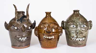 Three Southern Alkaline-Glazed Stoneware Face Jugs, late 20th century