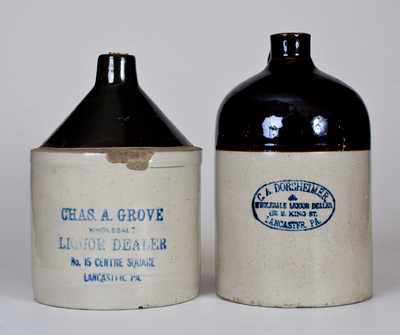 Two Lancaster, PA Stoneware Advertising Jugs, American, c1900