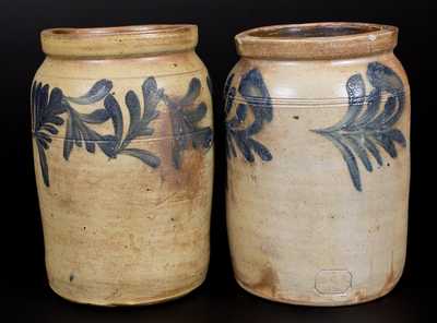 Two R.C.R. / PHILA. Stoneware Jars with Cobalt Foliate Decorations (Richard C. Remmey, Philadelphia)