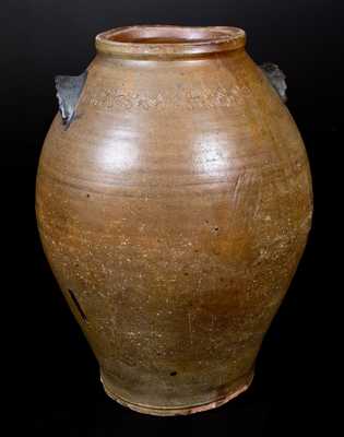 Rare Stoneware Jar w/ Coggled Decoration and Ornamental Handles, attrib. Paul Cushman, Albany, c1810