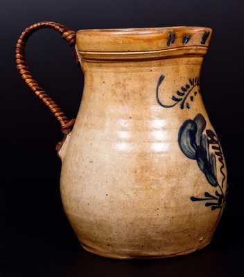 One-Gallon Cobalt-Decorated Stoneware Pitcher with Make-Do Handle, Massachusetts, circa 1870