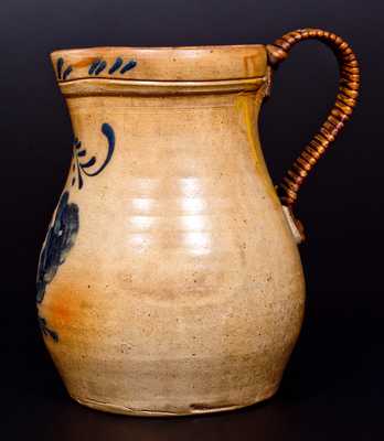 One-Gallon Cobalt-Decorated Stoneware Pitcher with Make-Do Handle, Massachusetts, circa 1870