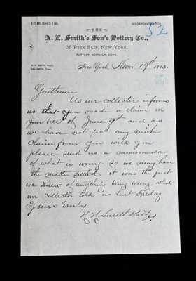 Extremely Rare A.E. Smith s Son s Pottery Co. (New York City and Norwalk, CT) Letter, 1883