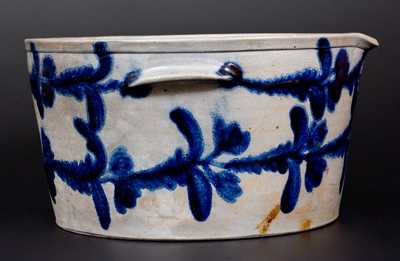 Exceptional Two Gal. Stoneware Milkpan with Elaborate Cobalt Floral Decoration, Baltimore, circa 1825