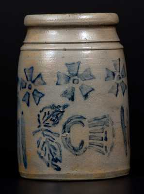 Very Unusual One-Quart Stoneware Wax Sealer w/ Thistle and Pinwheel Decoration