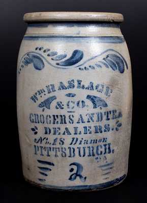 Outstanding WM. HASLAGE / GROCERS AND TEA DEALERS / PITTSBURGH Advertising Crock