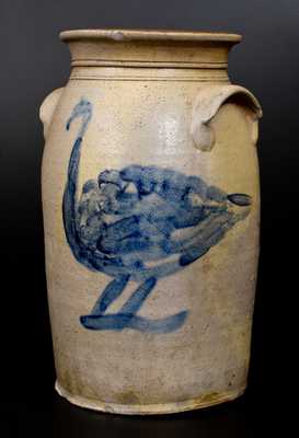 Outstanding Ohio Stoneware Churn with Large Cobalt Game Bird Decoration