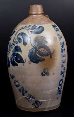 Rare HAMILTON & JONES Stoneware Jug w/ Elaborate Cobalt Floral Decoration and Vertical Stencil