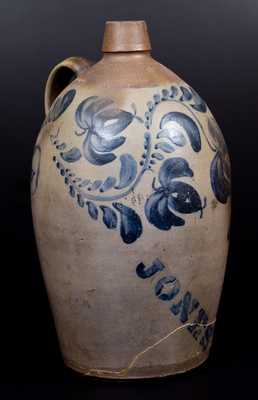 Rare HAMILTON & JONES Stoneware Jug w/ Elaborate Cobalt Floral Decoration and Vertical Stencil