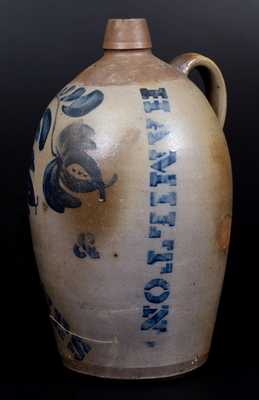 Rare HAMILTON & JONES Stoneware Jug w/ Elaborate Cobalt Floral Decoration and Vertical Stencil