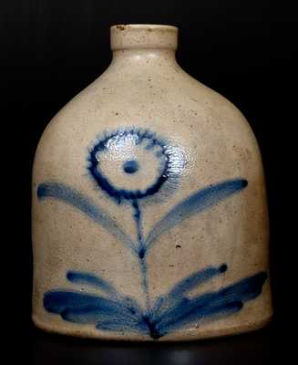Unusual 1 Gal. Stoneware Jug with Brushed and Slip-Trailed Sunflower Decoration