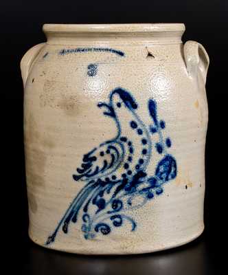 Scarce Three-Gallon N. WHITE & CO BINGHAMTON Stoneware Jar w/ Cobalt Bird Decoration