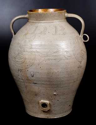 Monumental Ohio Stoneware Water Cooler w/ Incised Owls and Fish Decoration Inscribed S. D. Bockwalter