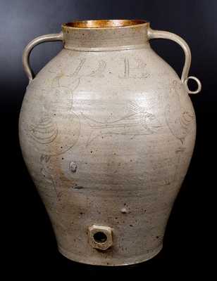 Ohio Stoneware Water Cooler w/ Incised Owl and Fish Decorations, made for Ross County, OH merchant, Samuel D. Buckwalter (c.1816-1898)