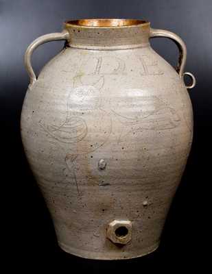 Monumental Ohio Stoneware Water Cooler w/ Incised Owls and Fish Decoration Inscribed S. D. Bockwalter