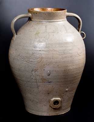 Monumental Ohio Stoneware Water Cooler w/ Incised Owls and Fish Decoration Inscribed S. D. Bockwalter