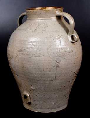 Monumental Ohio Stoneware Water Cooler w/ Incised Owls and Fish Decoration Inscribed S. D. Bockwalter