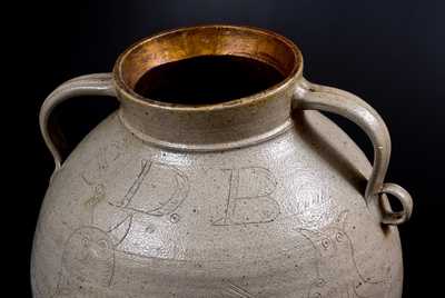 Monumental Ohio Stoneware Water Cooler w/ Incised Owls and Fish Decoration Inscribed S. D. Bockwalter