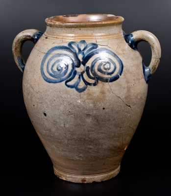 Manhattan, NY or Cheesequake, NJ Stoneware Jar w/ Bold Cobalt Watchspring Decoration, circa 1775