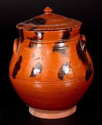 Fine Bulbous Redware Lidded Jar with Manganese Decoration, Long Island or Connecticut Origin