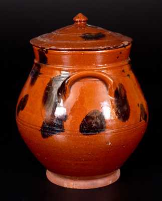 Fine Bulbous Redware Lidded Jar with Manganese Decoration, Long Island or Connecticut Origin
