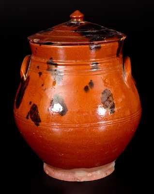 Fine Bulbous Redware Lidded Jar with Manganese Decoration, Long Island or Connecticut Origin