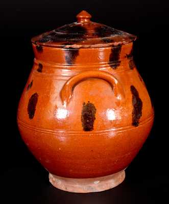 Fine Bulbous Redware Lidded Jar with Manganese Decoration, Long Island or Connecticut Origin