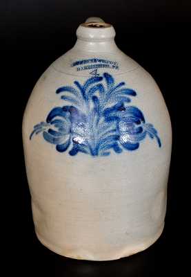 4 Gal. COWDEN & WILCOX / HARRISBURG, PA Stoneware Jug with Profuse Cobalt Floral Decoration