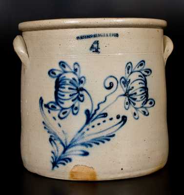 4 Gal. WHITES BINGHAMTON Stoneware Crock with Slip-Trailed Floral Decoration