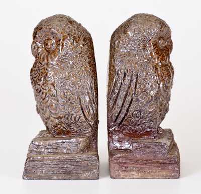 Rare Sewertile Owl Bookends, Inscribed EJE, Edward J. Ellwood, Tuscarawas County, OH, mid-20th century