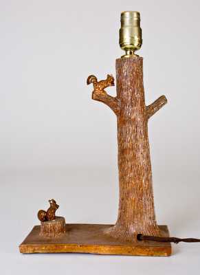 Very Fine Sewertile Lamp with Squirrels Perched on Tree and Stump, Robert Wilson, Uhrichsville, Ohio