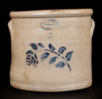 Two-Gallon BROWN BROTHER , / HUNTINGTON, / L.I. Stoneware Crock w/ Stenciled Cobalt Rose