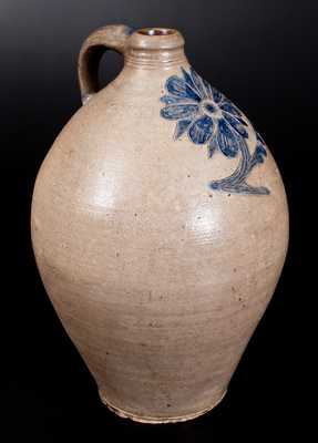 Exceptional 4 Gal. Ovoid Stoneware Jug w/ Bold and Elaborate Incised Floral Decoration, Manhattan, c1800