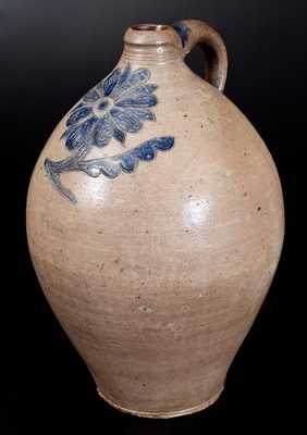 Exceptional 4 Gal. Ovoid Stoneware Jug w/ Bold and Elaborate Incised Floral Decoration, Manhattan, c1800