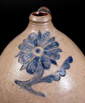 Exceptional 4 Gal. Ovoid Stoneware Jug w/ Bold and Elaborate Incised Floral Decoration, Manhattan, c1800