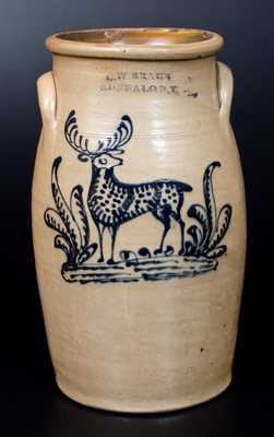 Rare C. W. BRAUN / BUFFALO, N.Y. Stoneware Churn with Fine Slip-Trailed Deer Decoration