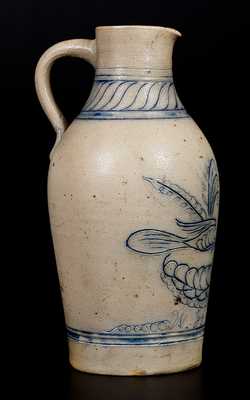 Very Rare Ewer-Shaped New York State Stoneware Pitcher w/ Fine Incised Bird and Initials