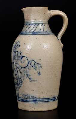 Very Rare Ewer-Shaped New York State Stoneware Pitcher w/ Fine Incised Bird and Initials