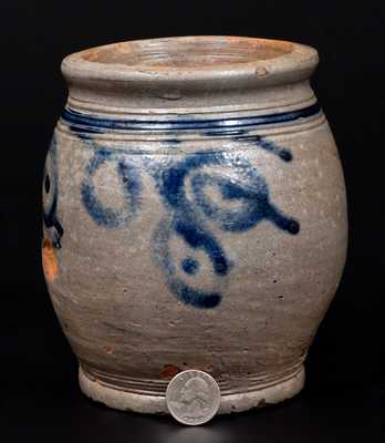 Very Fine Early Quart-Sized Ovoid Stoneware Jar w/ Watchspring Designs, probably Manhattan, 18th century