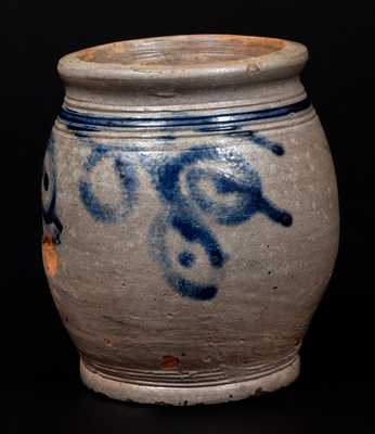 Very Fine Early Quart-Sized Ovoid Stoneware Jar w/ Watchspring Designs, probably Manhattan, 18th century