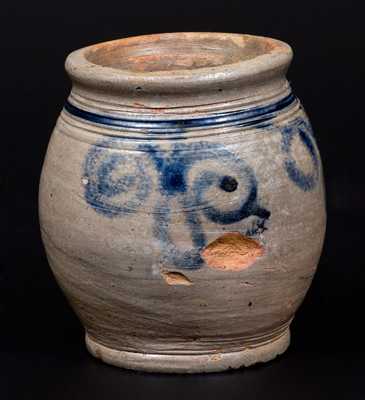 Very Fine Early Quart-Sized Ovoid Stoneware Jar w/ Watchspring Designs, probably Manhattan, 18th century