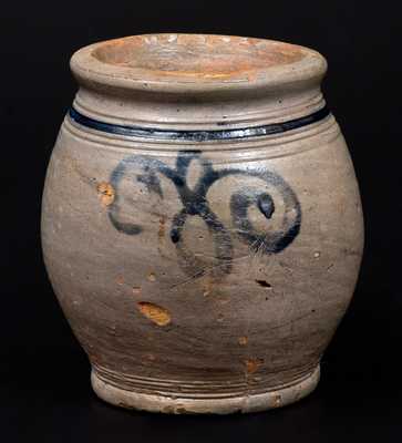 Very Fine Early Quart-Sized Ovoid Stoneware Jar w/ Watchspring Designs, probably Manhattan, 18th century