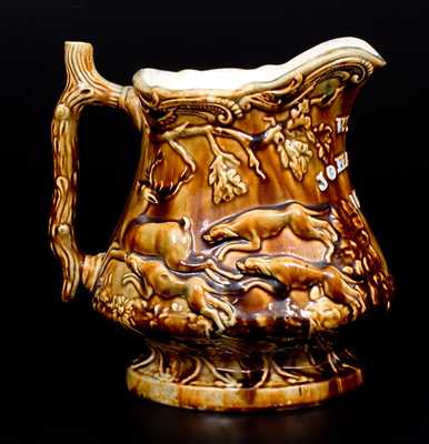 Rare Rockingham Hunt Scene Frog Pitcher attrib. John L. Rue, South Amboy, NJ