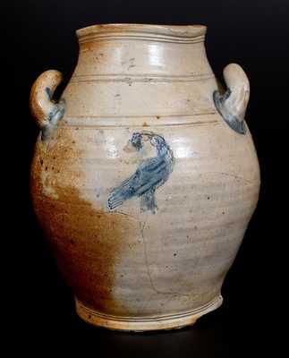 Rare BOSTON Stoneware Jar w/ Impressed Bird-Eating-Grapes Decoration, late 18th century