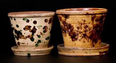 Lot of Two: Small Redware Flowerpots with Multi-Colored Glazing