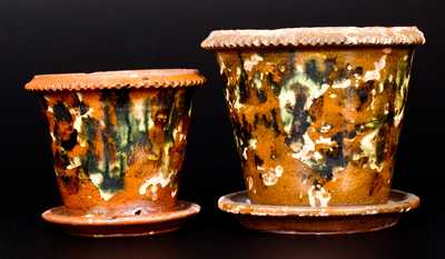 Lot of Two: PA Redware Flowerpots with Multi-Colored Streaked Glazes