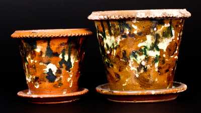 Lot of Two: PA Redware Flowerpots with Multi-Colored Streaked Glazes
