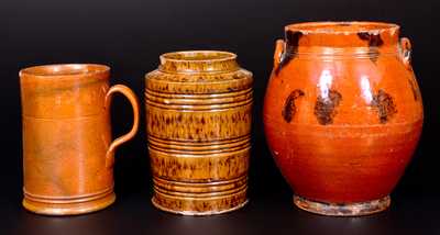 Lot of Three: American Redware Articles (Ovoid Jar, Cylindrical Jar, Mug)