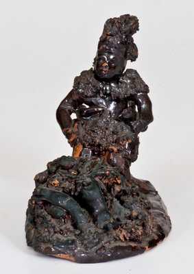 Unusual Hand-Modeled American Redware Indian Figure w/ Coleslaw Accents and Manganese Glaze