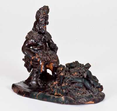 Unusual Hand-Modeled American Redware Indian Figure w/ Coleslaw Accents and Manganese Glaze